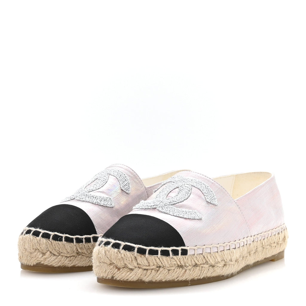 LAMINATED LAMBSKIN GROSGRAIN EMBROIDERED CC ESPADRILLES PINK SILVER BLACK