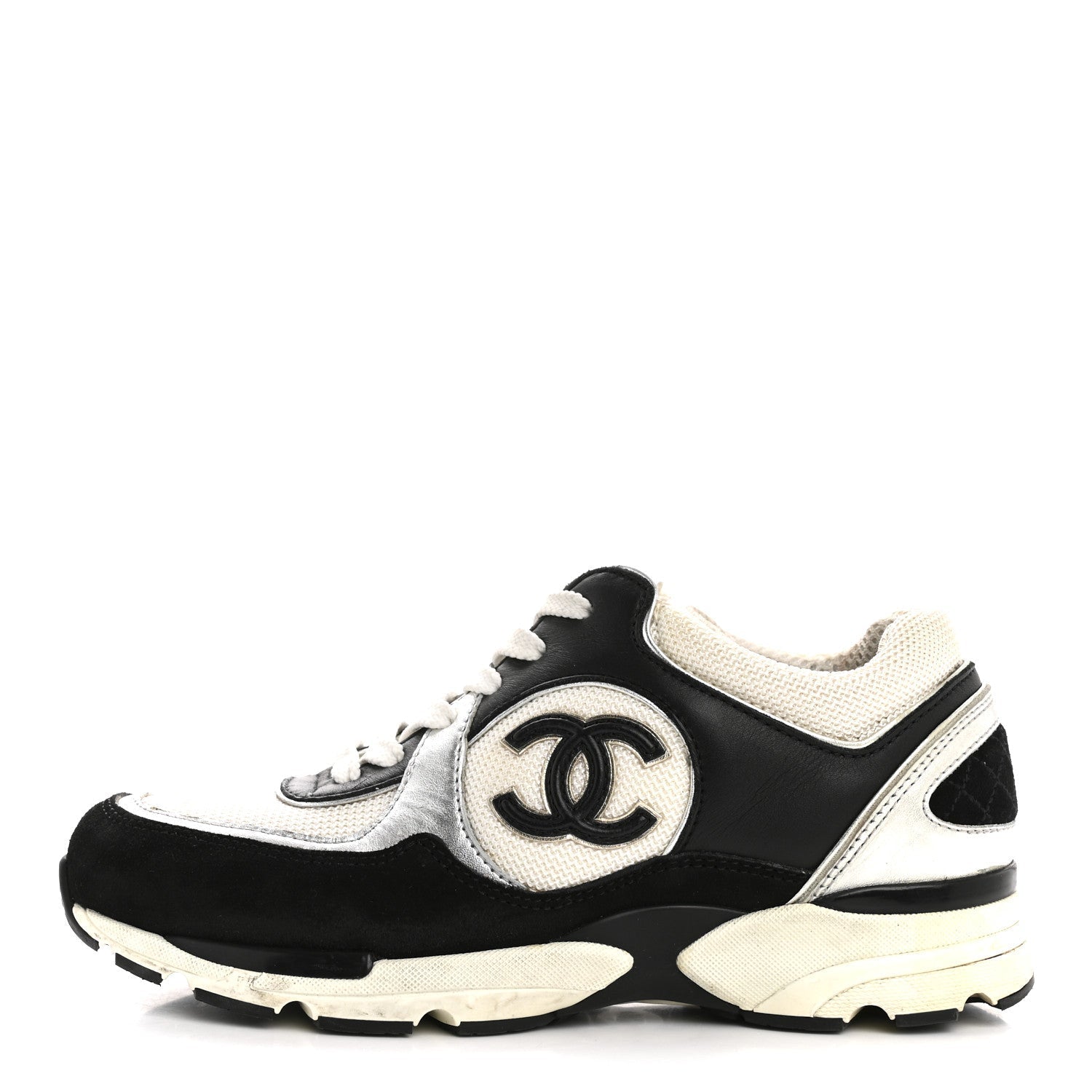 MESH SUEDE CALFSKIN GRAINED CALFSKIN WOMENS CC SNEAKERS BLACK WHITE SILVER