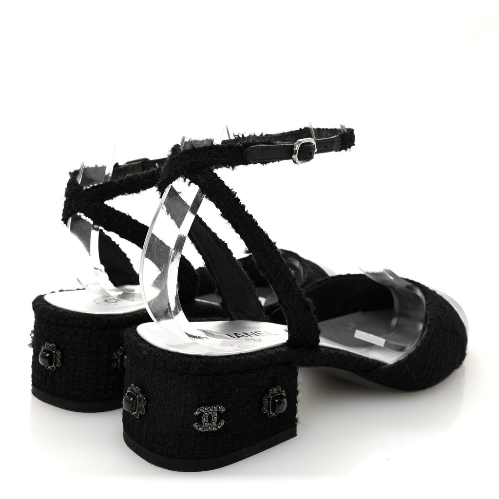 TWEED IRIDESCENT CALFSKIN CAP TOE CC SLINGBACK PUMPS BLACK SILVER