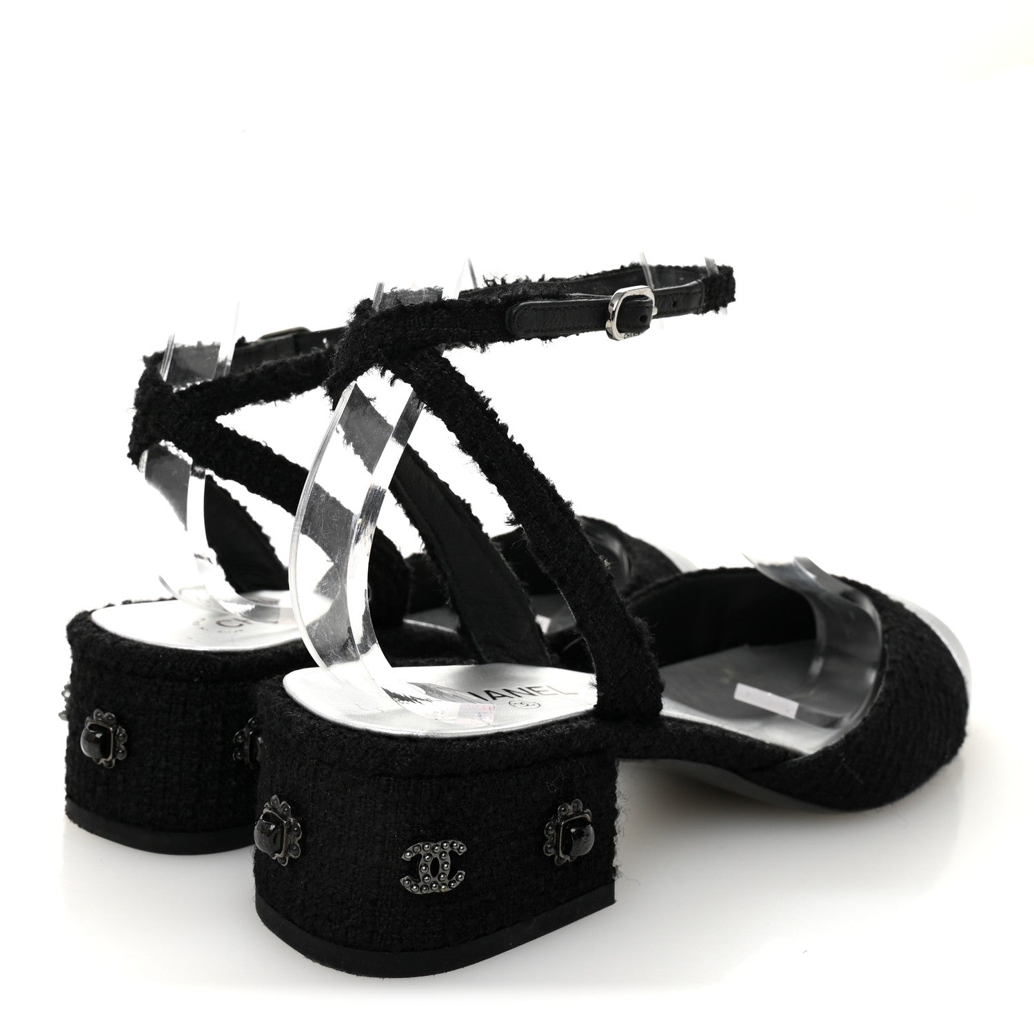 TWEED IRIDESCENT CALFSKIN CAP TOE CC SLINGBACK PUMPS BLACK SILVER
