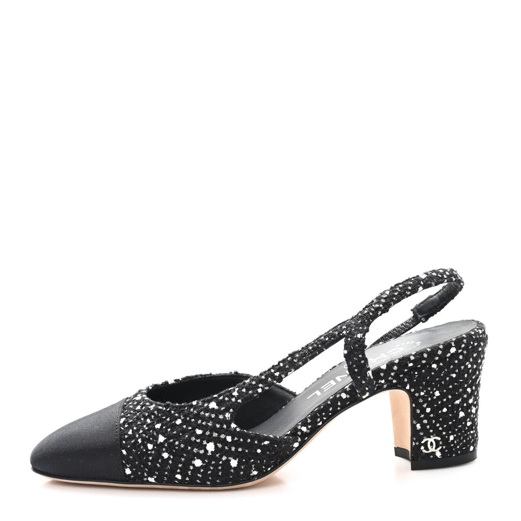 TWEED POLKADOT GROSGRAIN CAP TOE CC SLINGBACK PUMPS BLACK WHITE SILVER