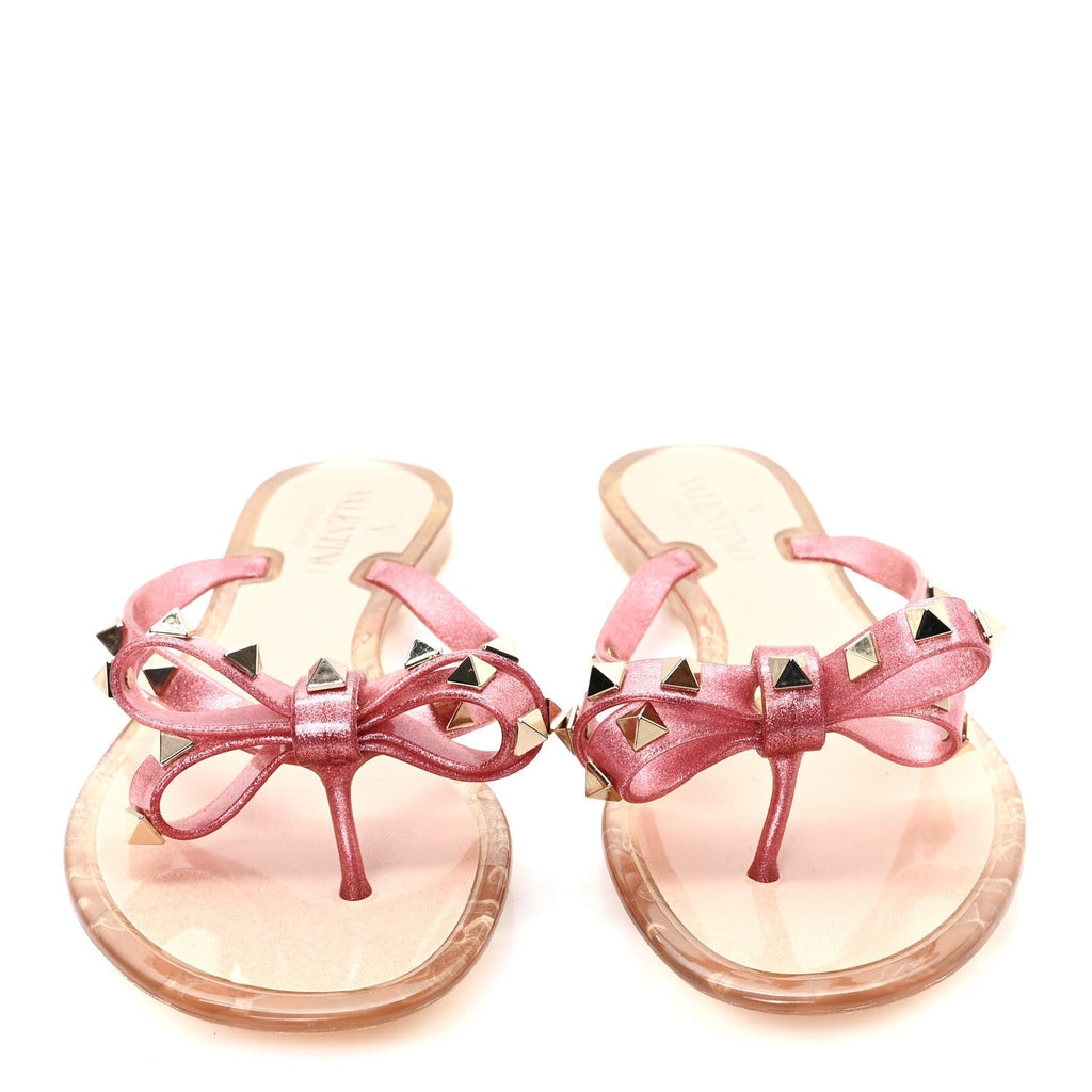 PVC JELLY GLITTER ROCKSTUD BOW THONG SANDALS PINK