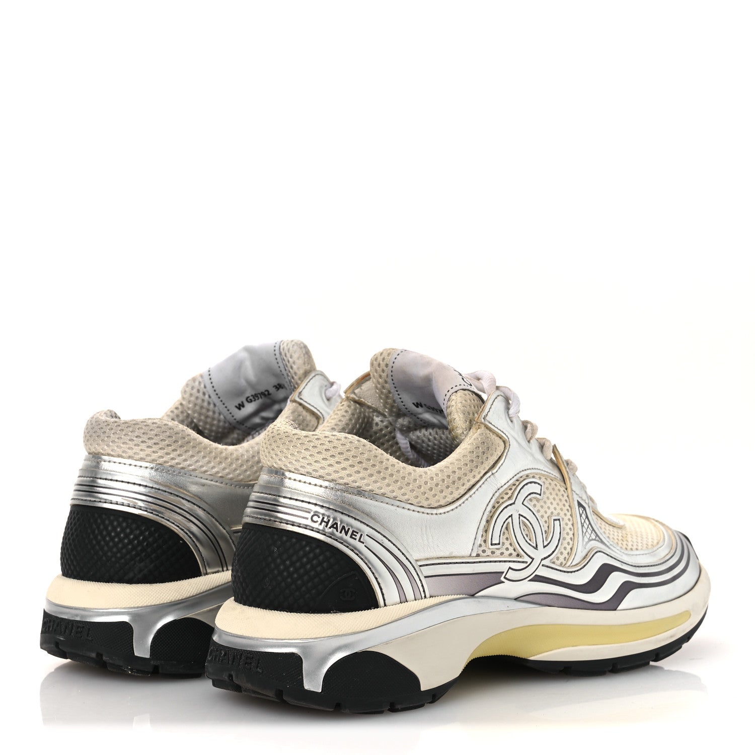 FABRIC LAMINATED CALFSKIN STRETCH CC WOMENS SNEAKERS WHITE GOLD SILVER