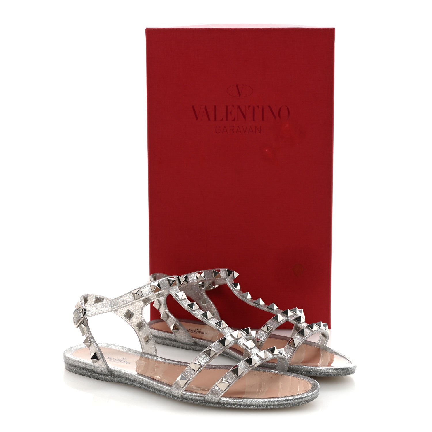 PVC JELLY GLITTER ROCKSTUD CAGED FLAT THONG SANDALS SILVER
