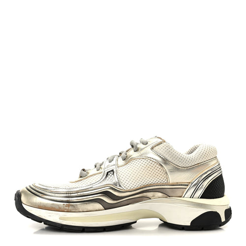 FABRIC LAMINATED CALFSKIN STRETCH CC SNEAKERS WHITE GOLD SILVER