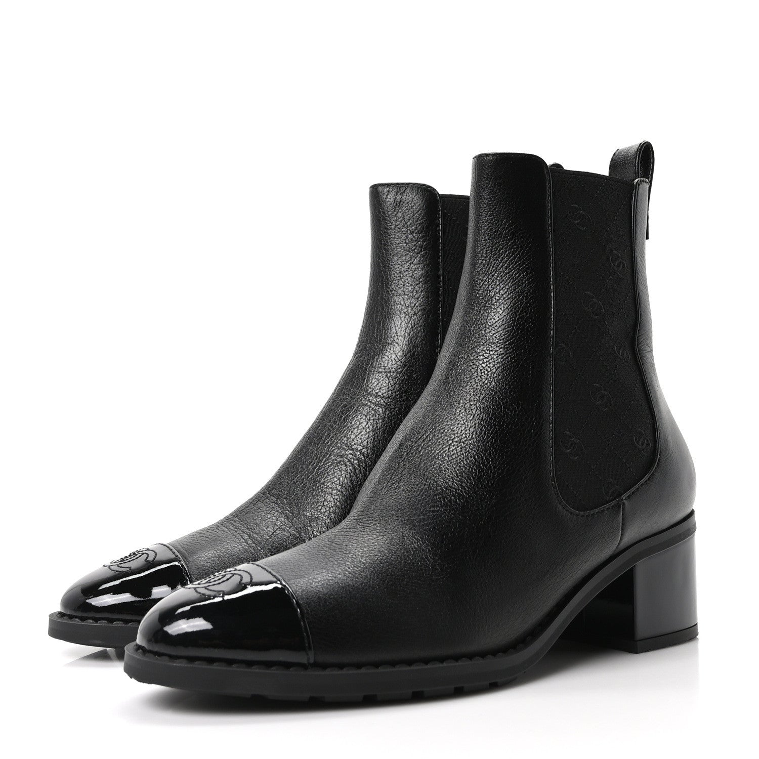 CALFSKIN PATENT CAP TOE CC SHORT BOOTS BLACK