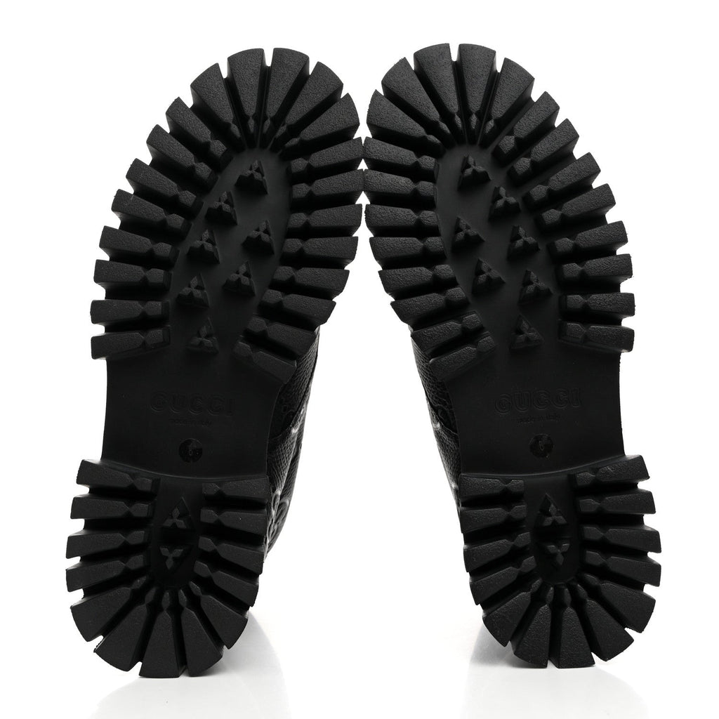 CALFSKIN EMBOSSED MONOGRAM LACE UP ANKLE BOOTS BLACK