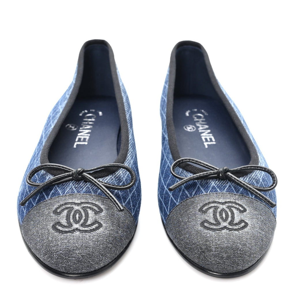 DENIM PRINTED QUILT CC CAP TOE BALLERINA FLATS NAVY BLUE DARK GREY