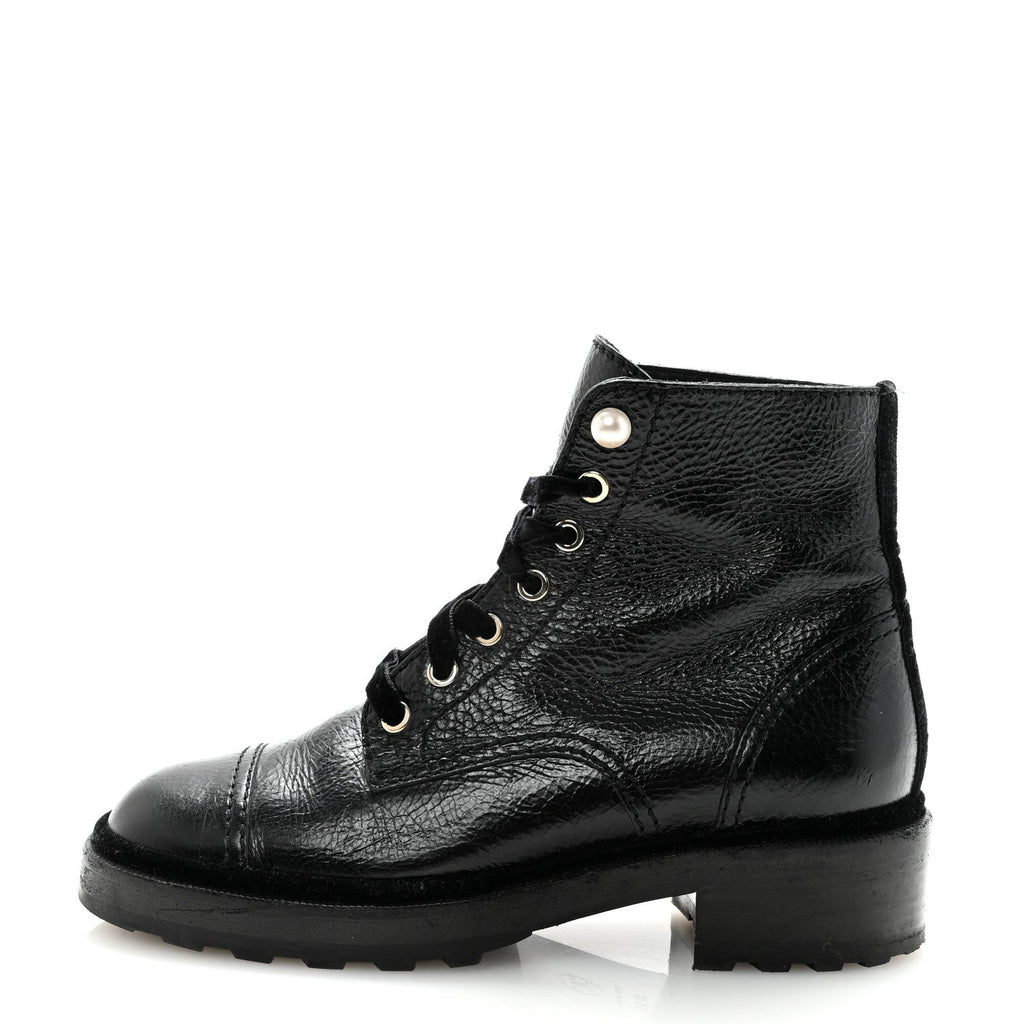 SHINY CALFSKIN VELVET PEARL COMBAT SHORT BOOTS BLACK