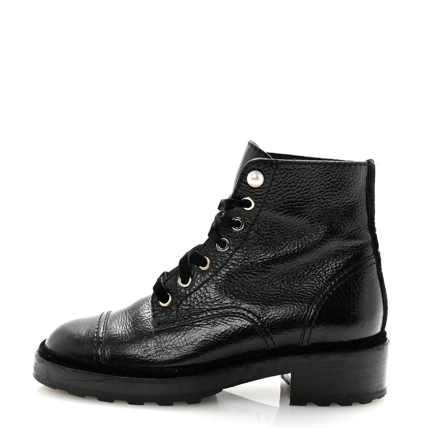 SHINY CALFSKIN VELVET PEARL COMBAT SHORT BOOTS BLACK