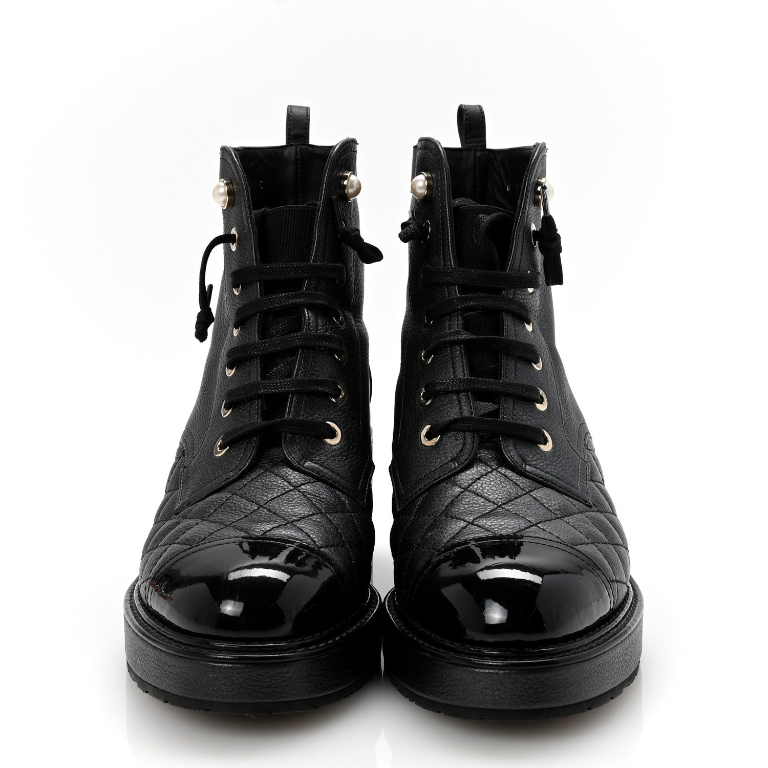 PEARLY CALFSKIN PATENT CALFSKIN LACE UP COMBAT BOOTS BLACK