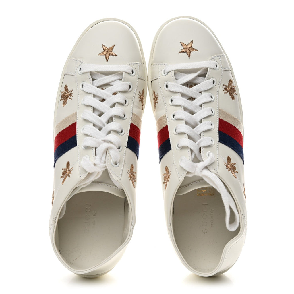 CALFSKIN BEE STAR EMBROIDERED SYLVIE WEB ACE SNEAKERS WHITE
