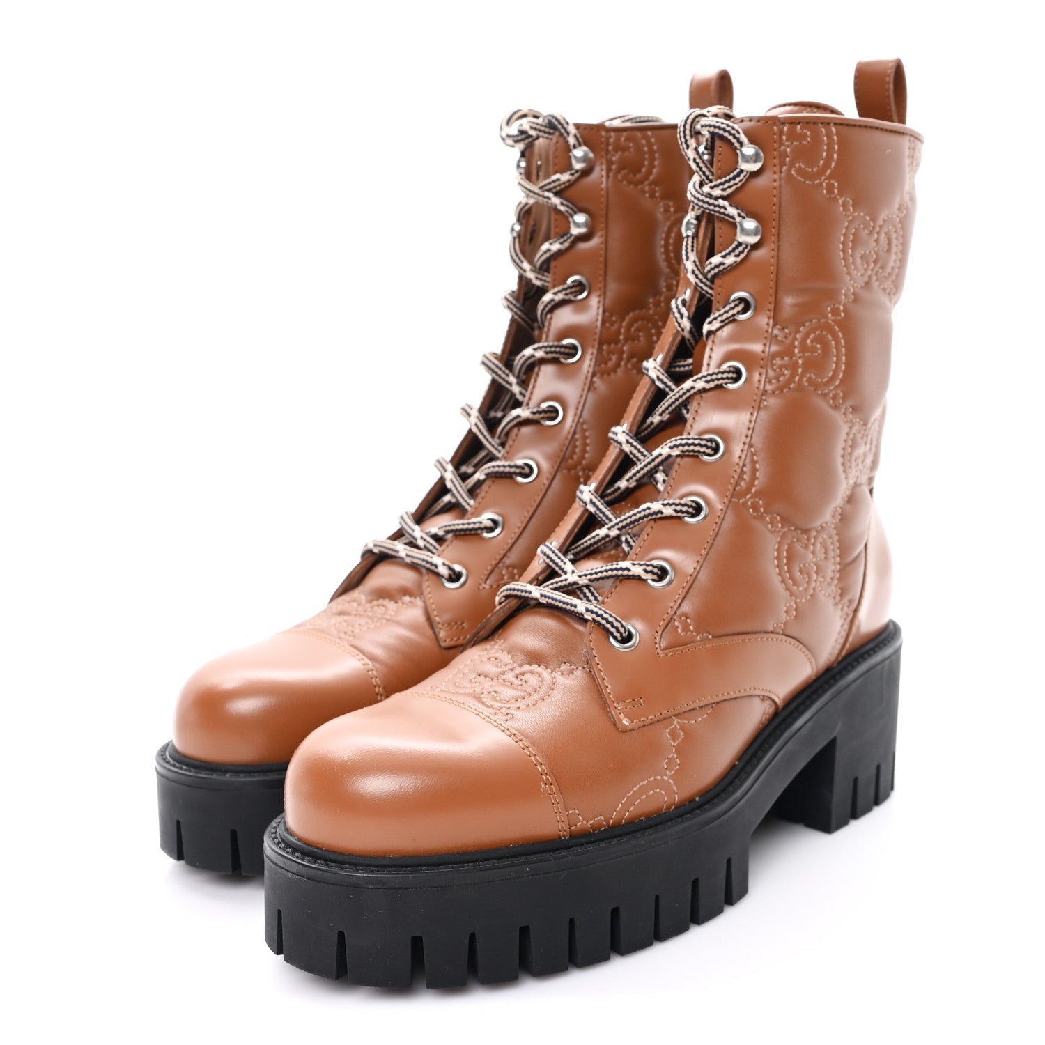CORDOVAN LUX NAPPA GG MATELASSE LACE UP 60MM COMBAT BOOTS DARK HAZEL BROWN