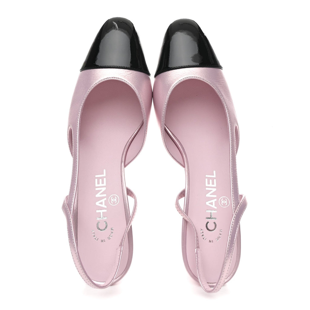 LAMINATED LAMBSKIN PATENT CAP TOE CC SLINGBACK PUMPS LIGHT PINK BLACK