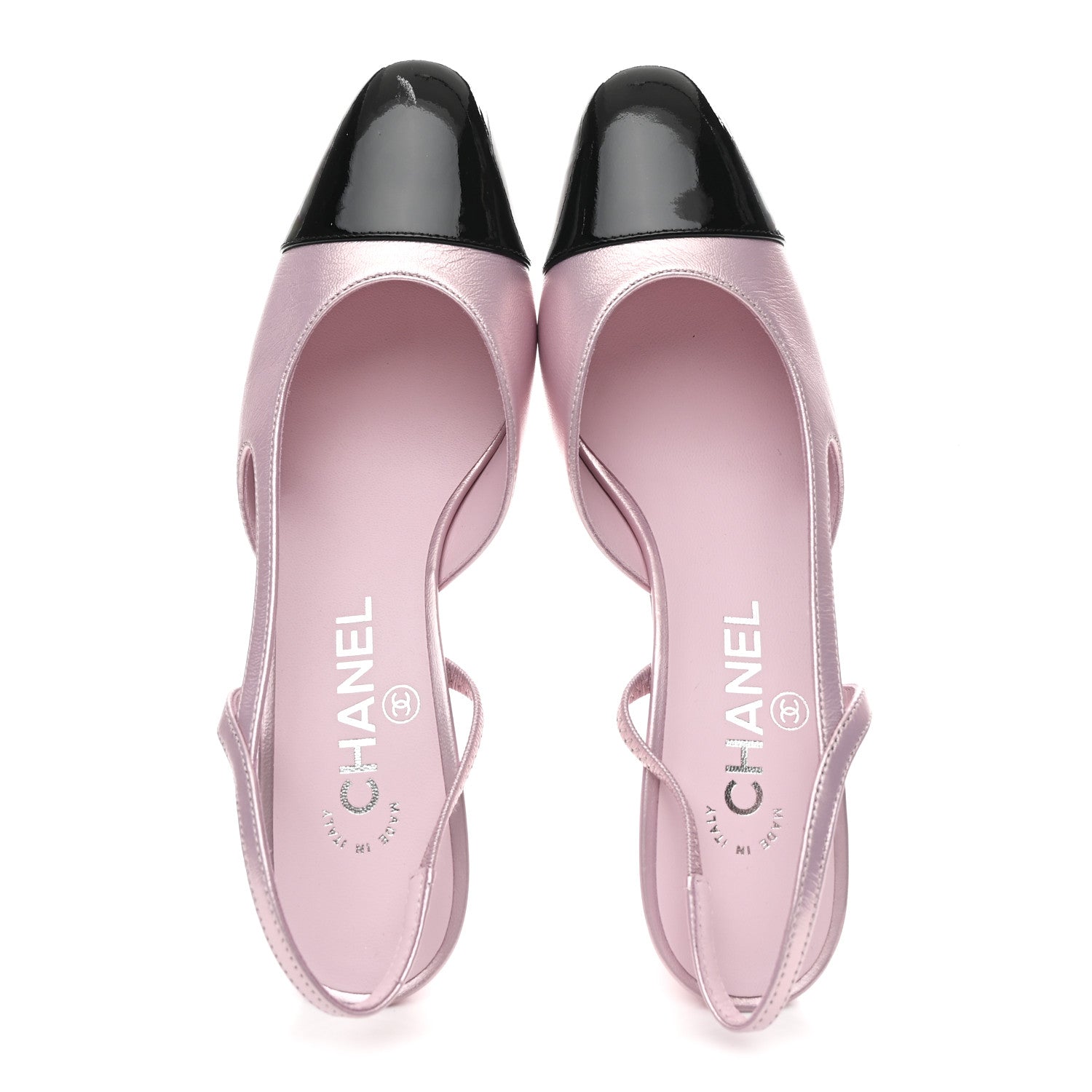 LAMINATED LAMBSKIN PATENT CAP TOE CC SLINGBACK PUMPS LIGHT PINK BLACK
