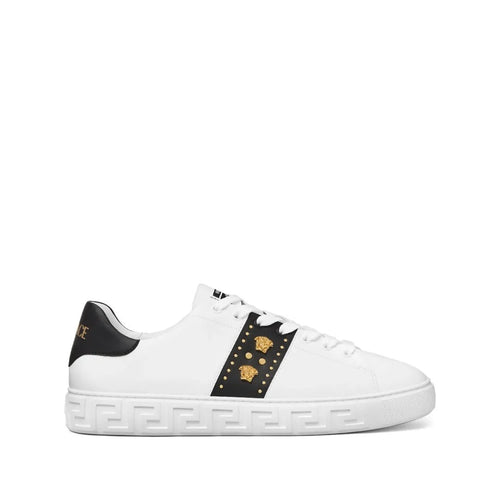 Versace Leather Sneakers With Greek Embroidery - White/Black/Gold
