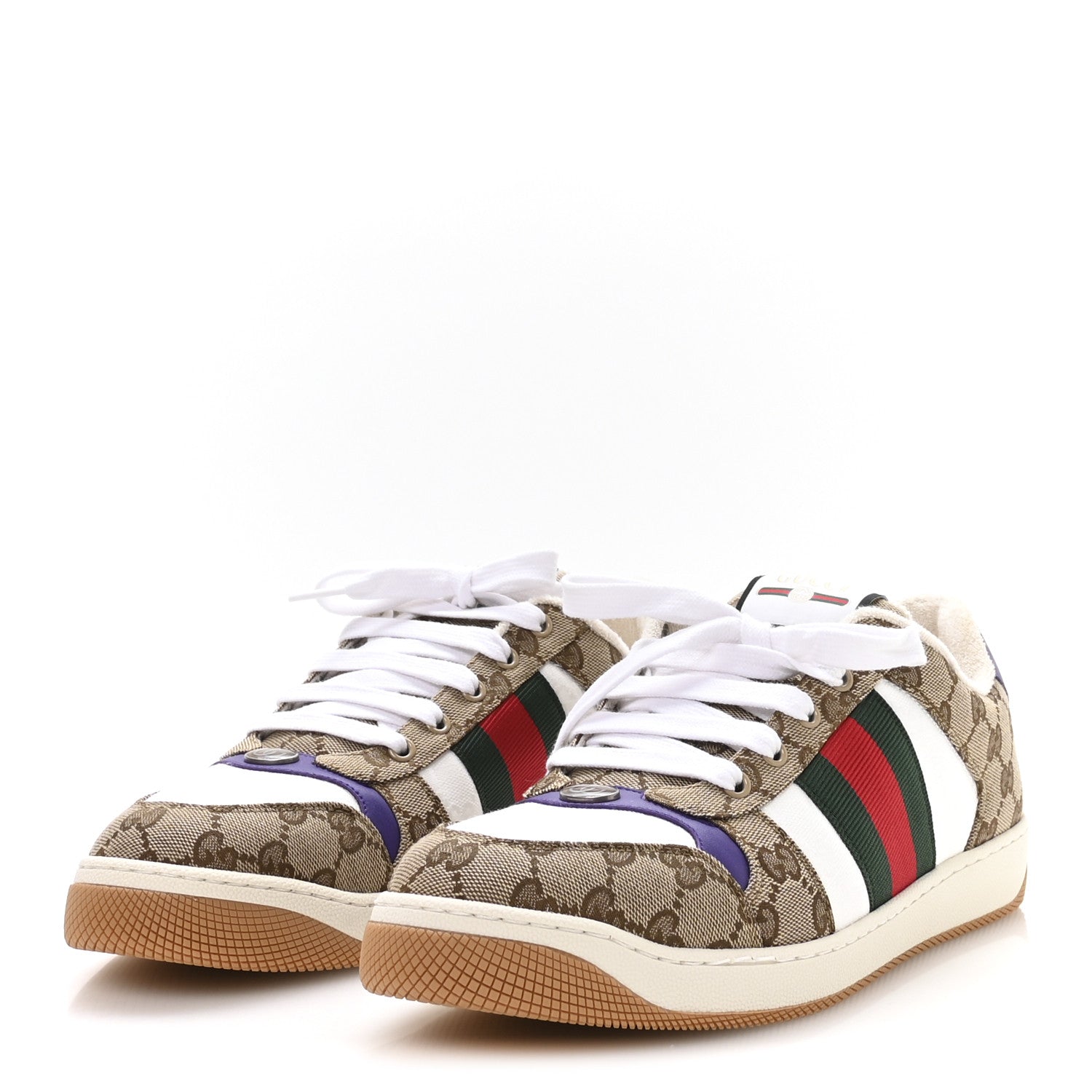 GG SUPEREME MONOGRAM CALFSKIN WEB MENS SCREENER SNEAKERS BEIGE EBONY WHITE SHINE PURPLE