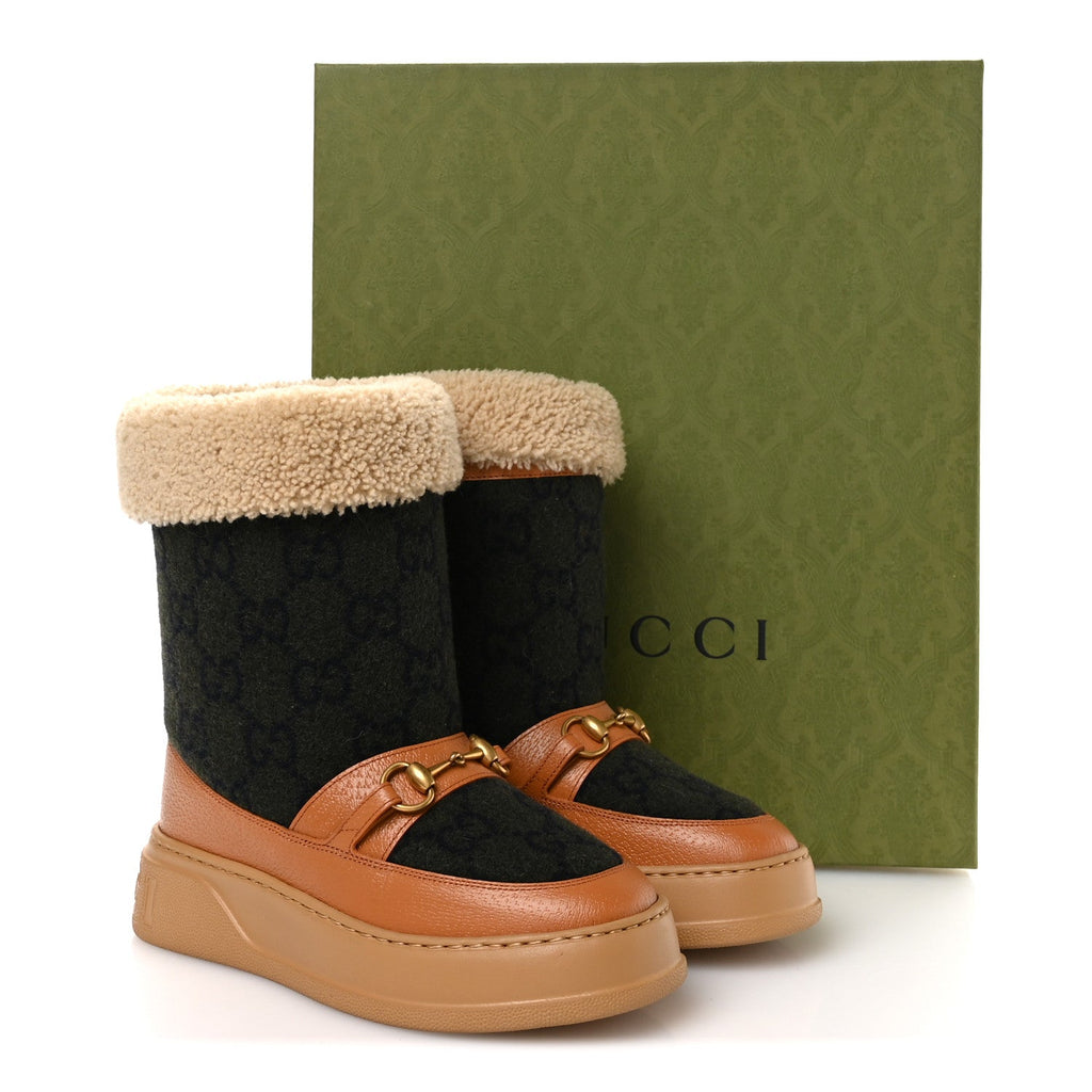COVERED WOOL MONOGRAM TEXTURED DOLLAR CALFSKIN SHEARLING HORSEBIT SNOW BOOTS UNDERWOOD BLUE HAZEL BROWN