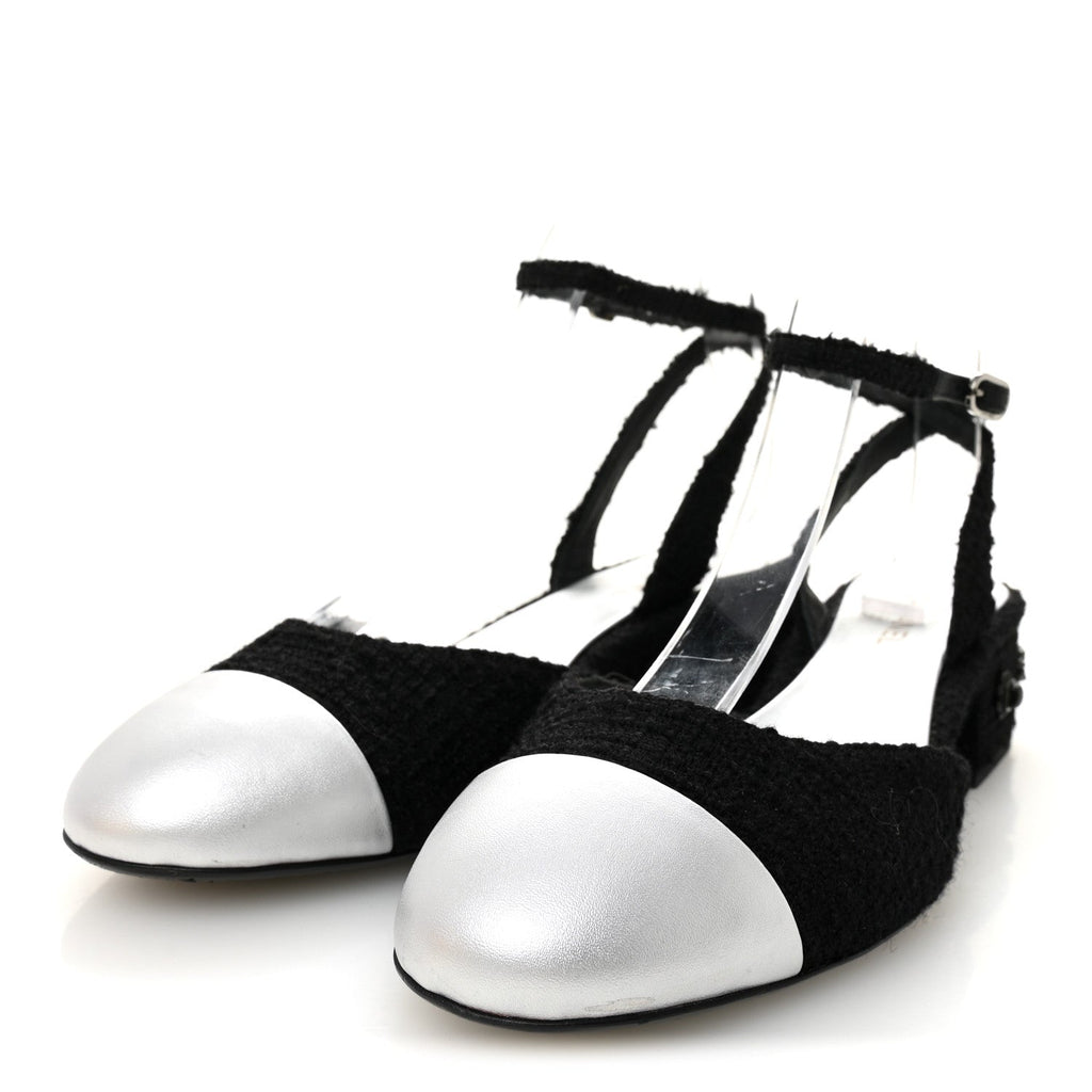 TWEED IRIDESCENT CALFSKIN CAP TOE CC SLINGBACK PUMPS BLACK SILVER