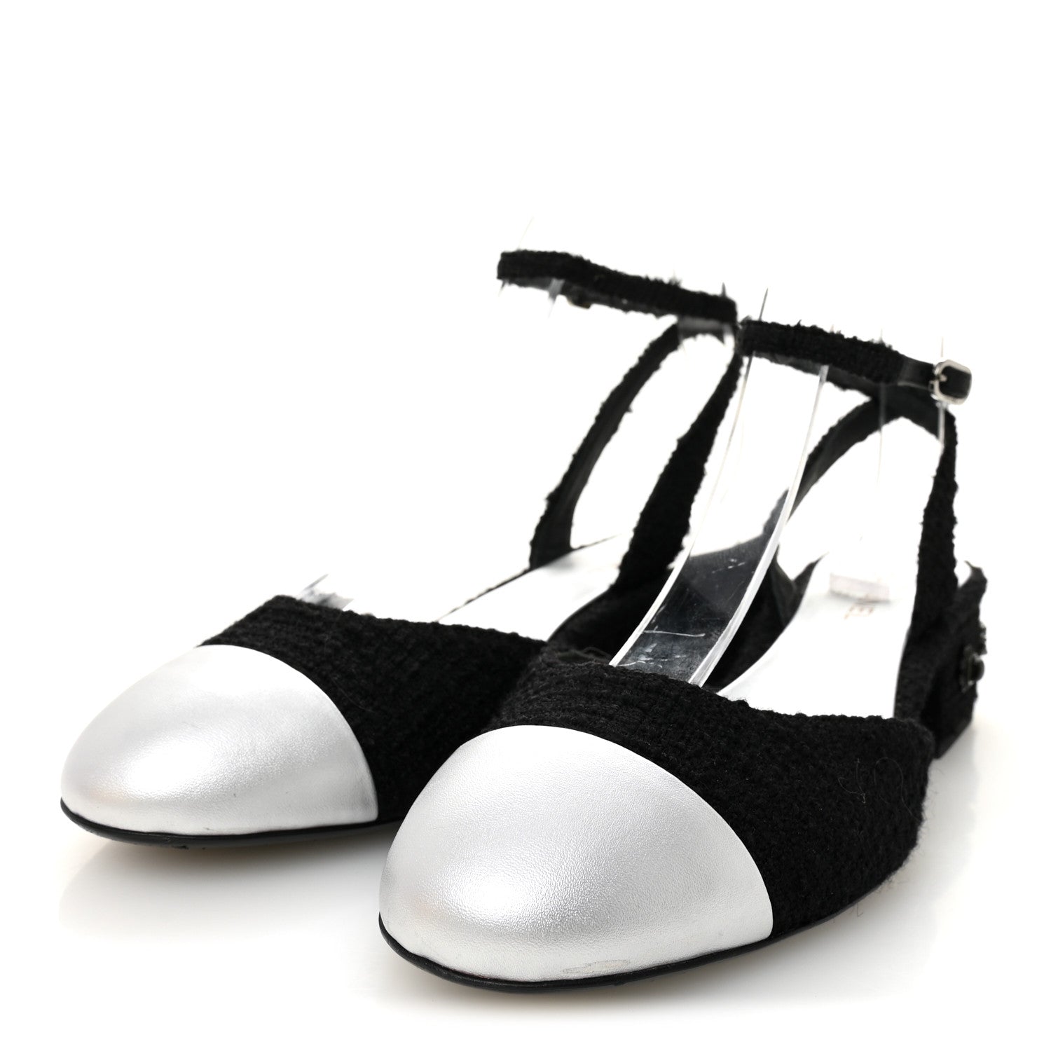 TWEED IRIDESCENT CALFSKIN CAP TOE CC SLINGBACK PUMPS BLACK SILVER