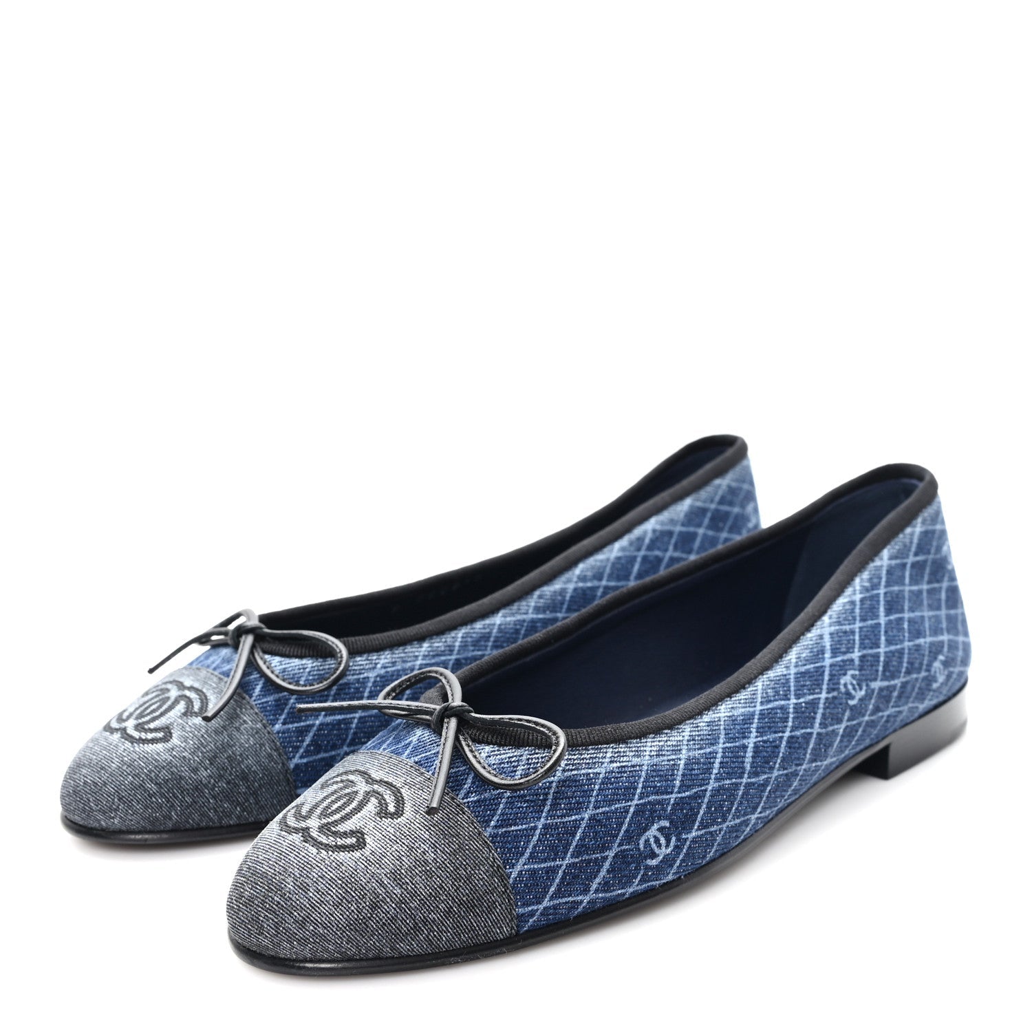 DENIM PRINTED QUILT CC CAP TOE BALLERINA FLATS NAVY BLUE DARK GREY