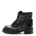 SHINY CALFSKIN QUILTED LACE UP COMBAT BOOTS BLACK