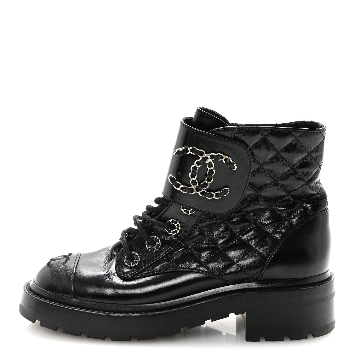 SHINY CALFSKIN QUILTED LACE UP COMBAT BOOTS BLACK