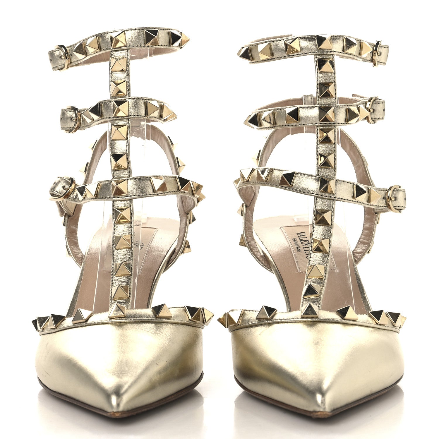 METALLIC NAPPA ROCKSTUD ANKLE STRAP 65MM PUMPS GOLD