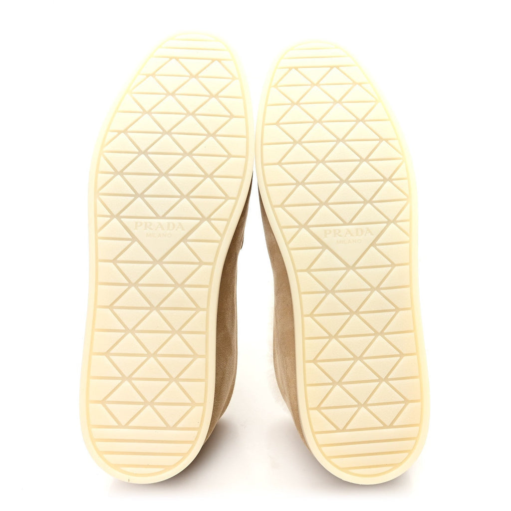 PRADA SUEDE SHEARLING TRIANGLE LOGO LUG SOLE MULES BLACK