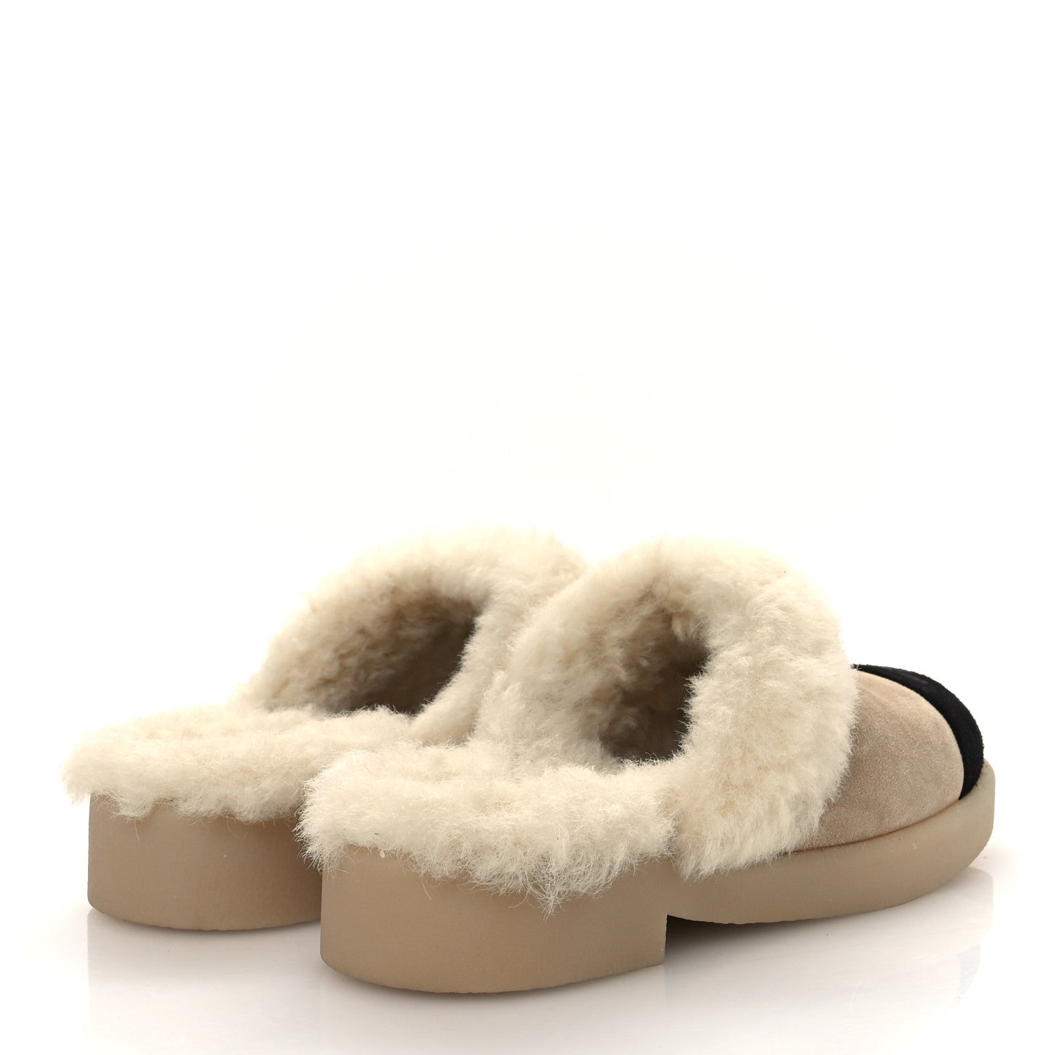 SUEDE SHEARLING CC CAP TOE MULES BEIGE BLACK