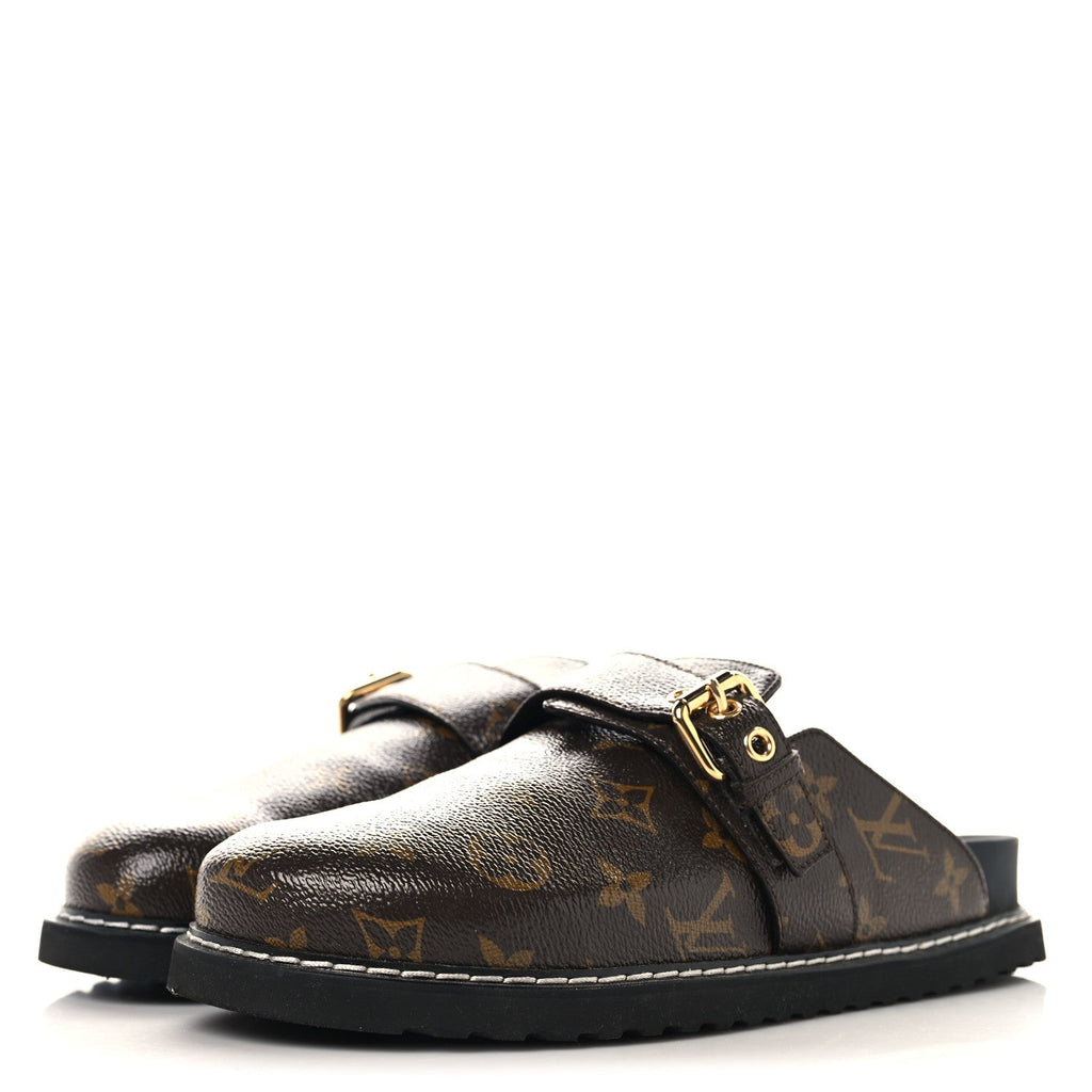 PATENT MONOGRAM WOMENS COSY FLAT COMFORT CLOG MULES BROWN