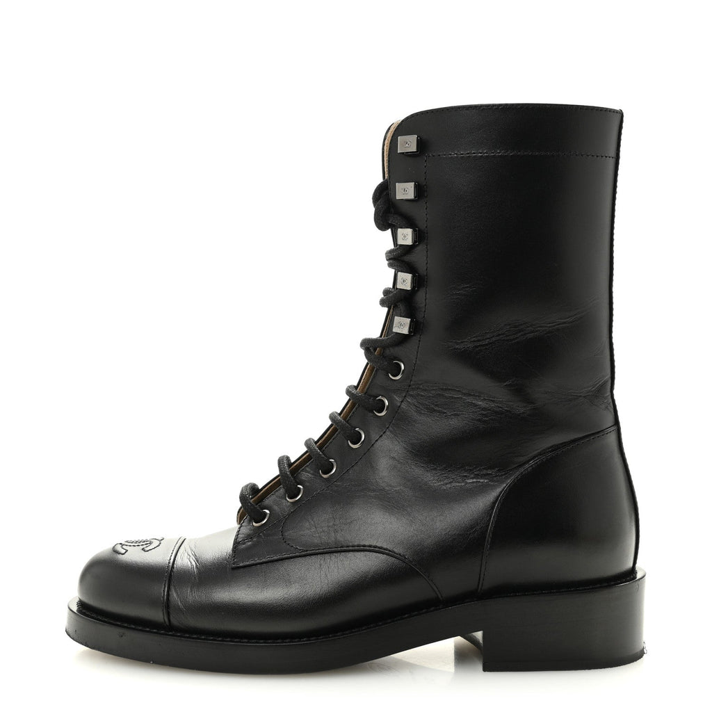 CALFSKIN LACE UP COMBAT BOOTS BLACK