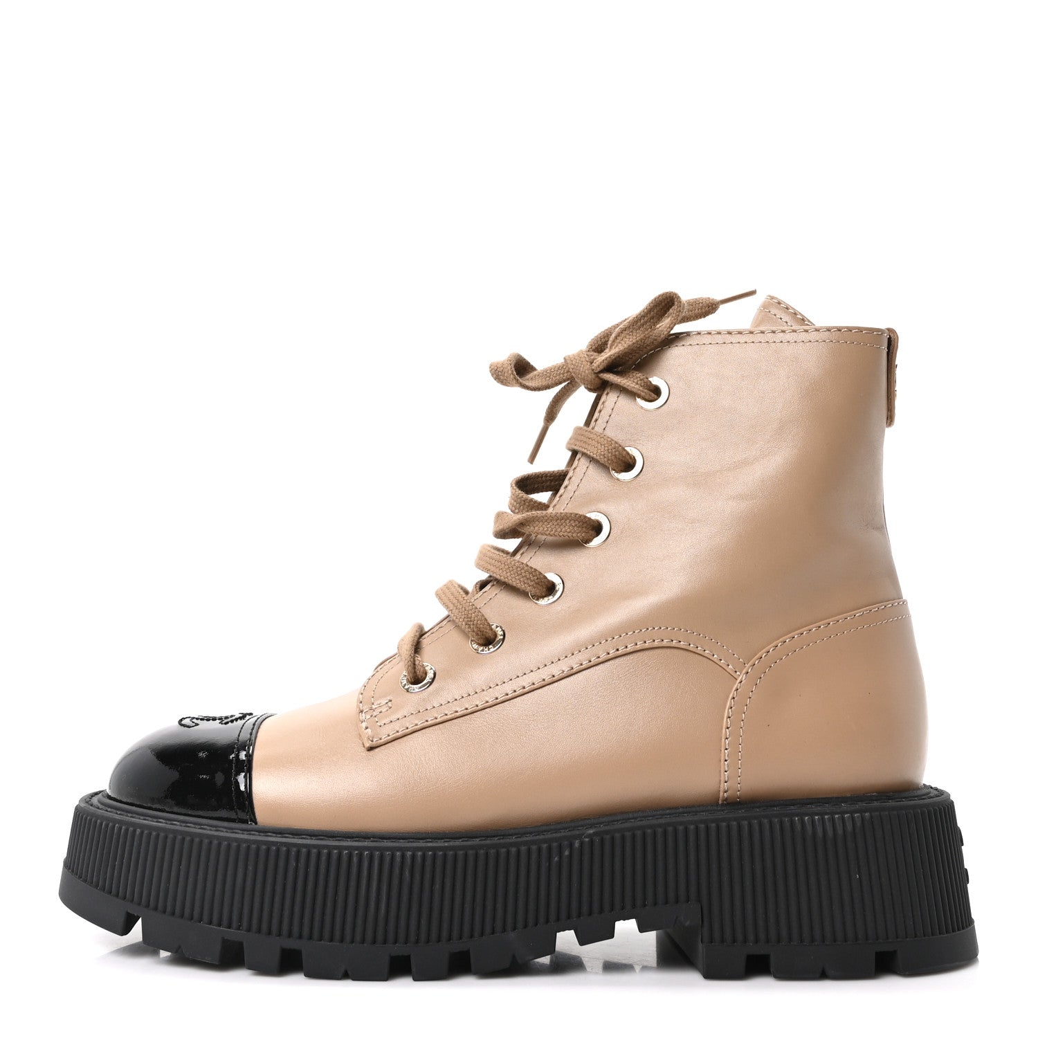 CALFSKIN PATENT CALFSKIN CC LACE UP COMBAT BOOTS BEIGE BLACK