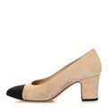 SUEDE SATIN CAP TOE LOW HEEL PUMPS BEIGE BLACK