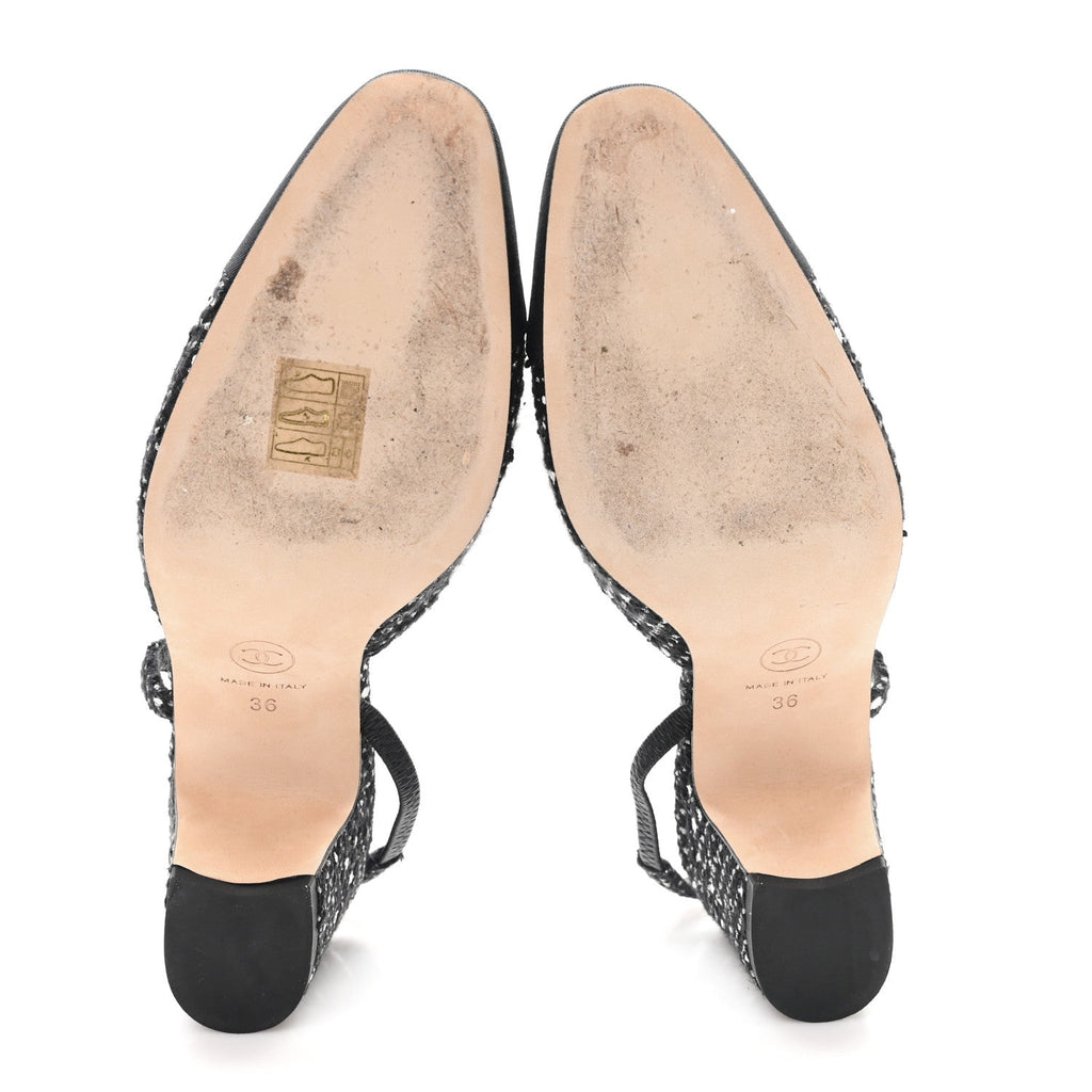TWEED POLKADOT GROSGRAIN CAP TOE CC SLINGBACK PUMPS BLACK WHITE SILVER