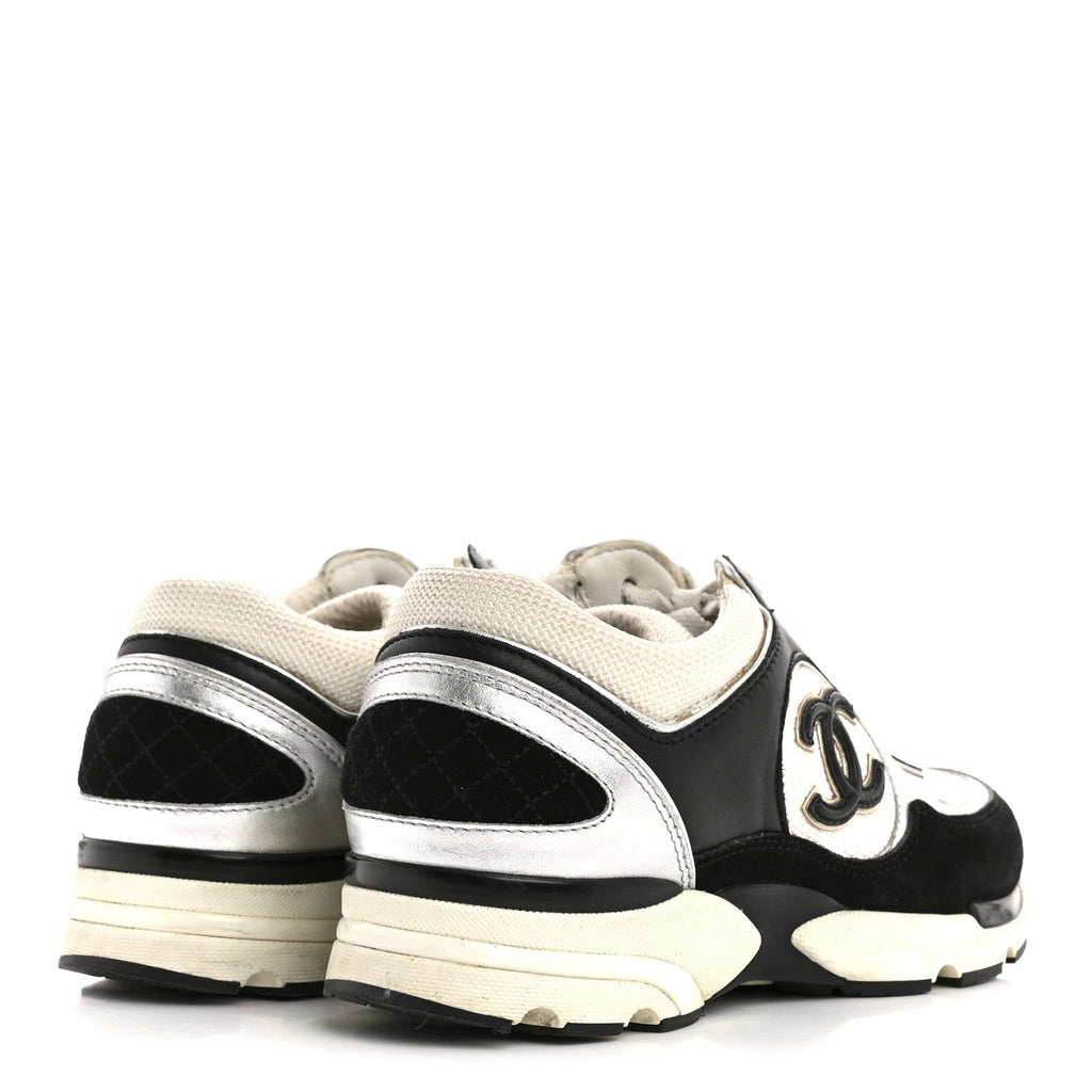 MESH SUEDE CALFSKIN GRAINED CALFSKIN WOMENS CC SNEAKERS BLACK WHITE SILVER