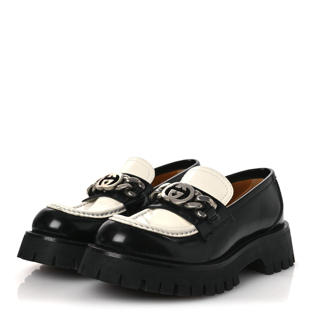 CORDOVAN LUX WOMENS INTERLOCKING G PLATFORM LUG SOLE LOAFERS BLACK OFF WHITE