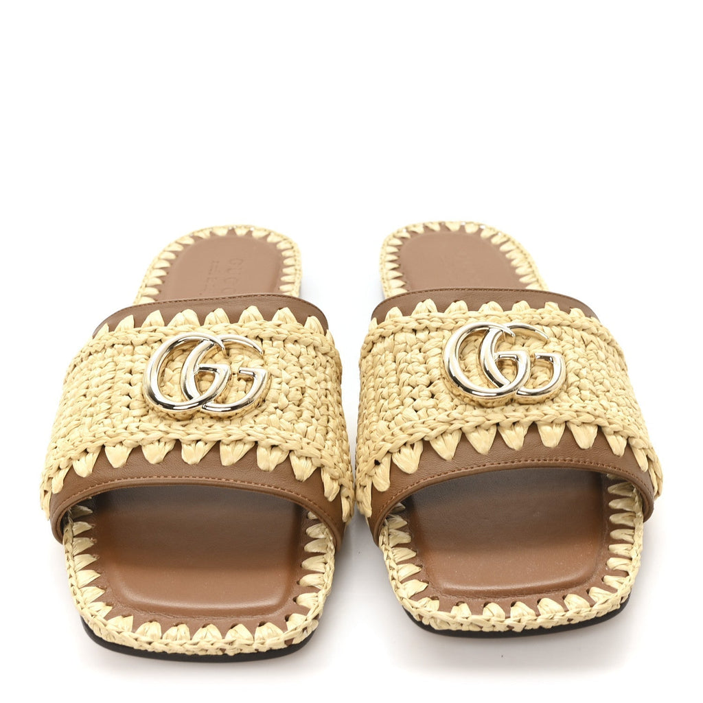 RAFFIA INTERLOCKING G FLAT SLIDE SANDALS BRIGHT NATURAL SUNDIAL
