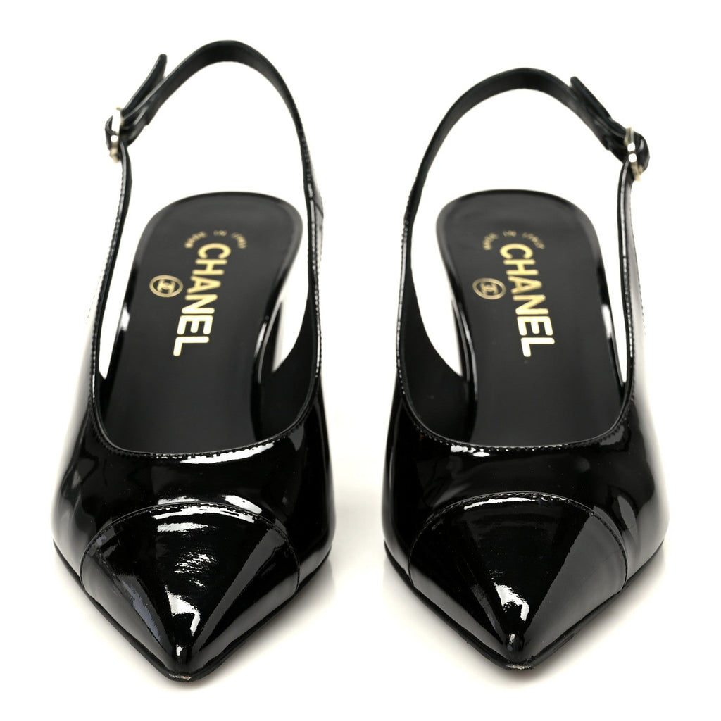 PATENT CALFSKIN CAP TOE CC SLINGBACK PUMPS BLACK