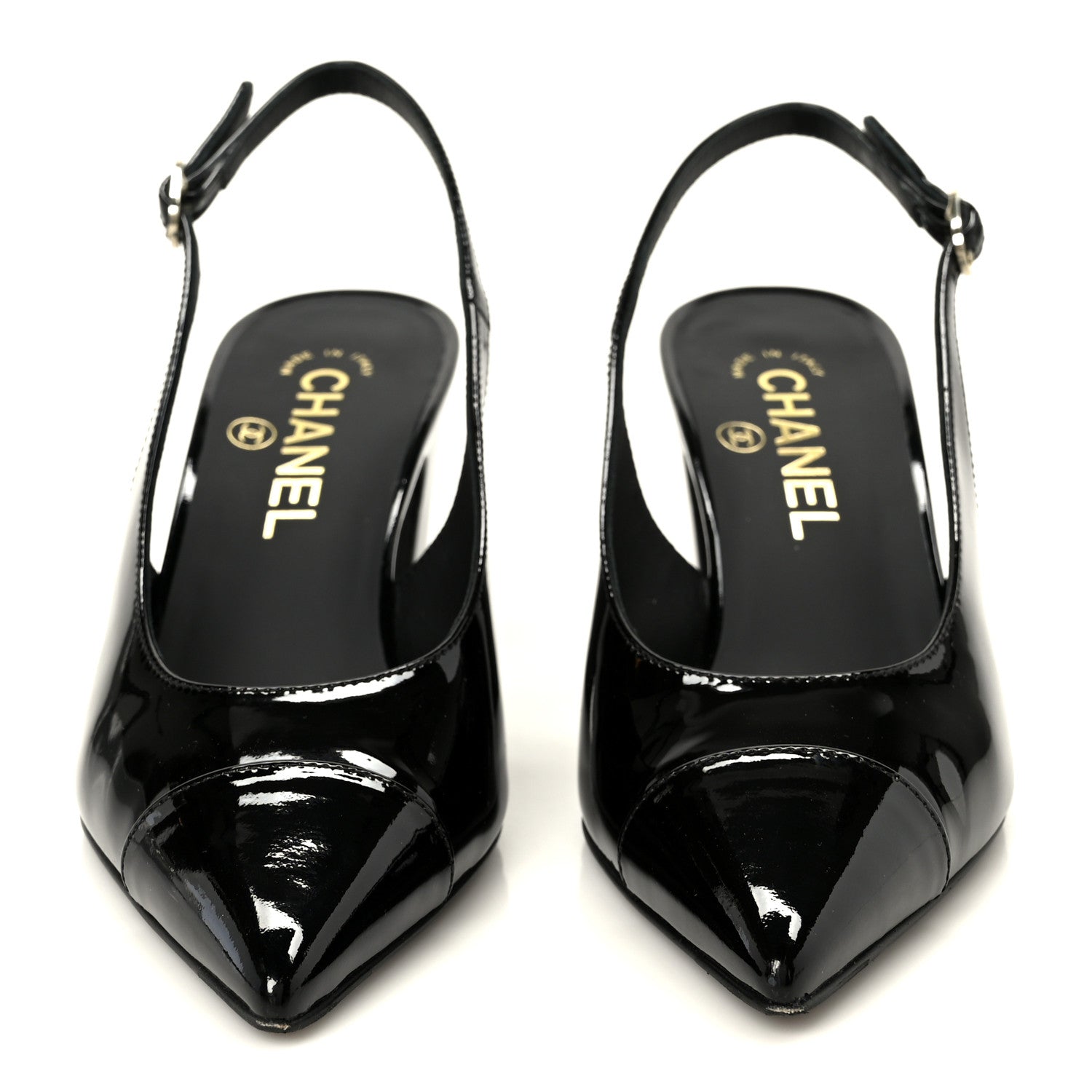 PATENT CALFSKIN CAP TOE CC SLINGBACK PUMPS BLACK