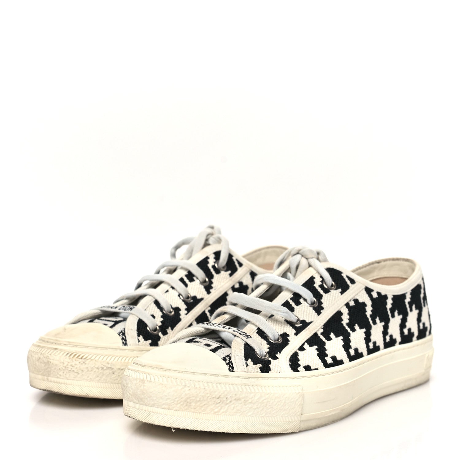 CANVAS MACRO HOUNDSTOOTH EMBROIDERED WOMENS WALK'N'DIOR LOW TOP SNEAKERS WHITE BLACK