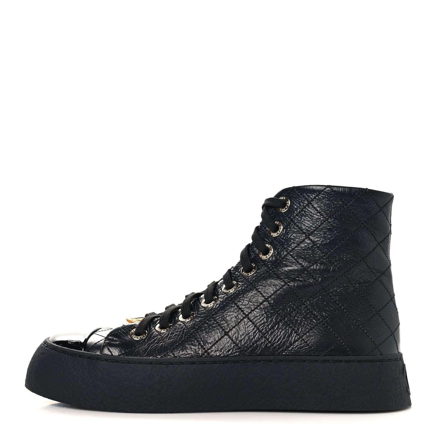 CRUMPLED LAMBSKIN PATENT CAP TOE CC STITCHED HIGH TOP SNEAKERS BLACK