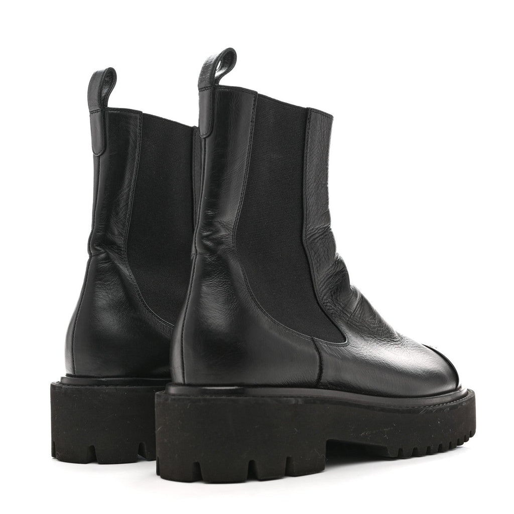 CRUMPLED CALFSKIN PATENT CAP TOE SHORT BOOTS BLACK
