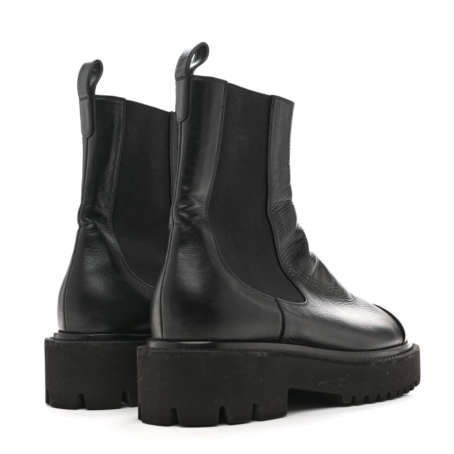 CRUMPLED CALFSKIN PATENT CAP TOE SHORT BOOTS BLACK