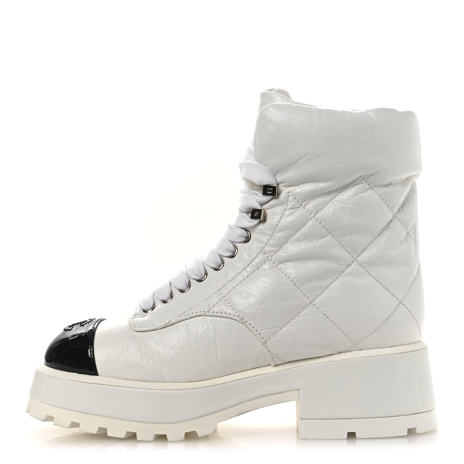 CRUMPLED PATENT LAMBSKIN CALFSKIN QUILTED LACE UP COMBAT BOOTS WHITE BLACK