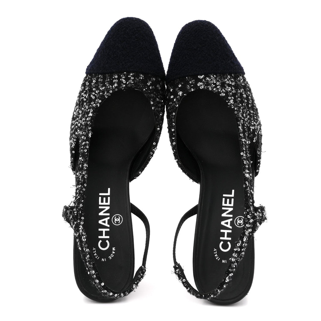 TWEED SEQUIN CAP TOE CC SLINGBACK PUMPS BLACK WHITE SILVER