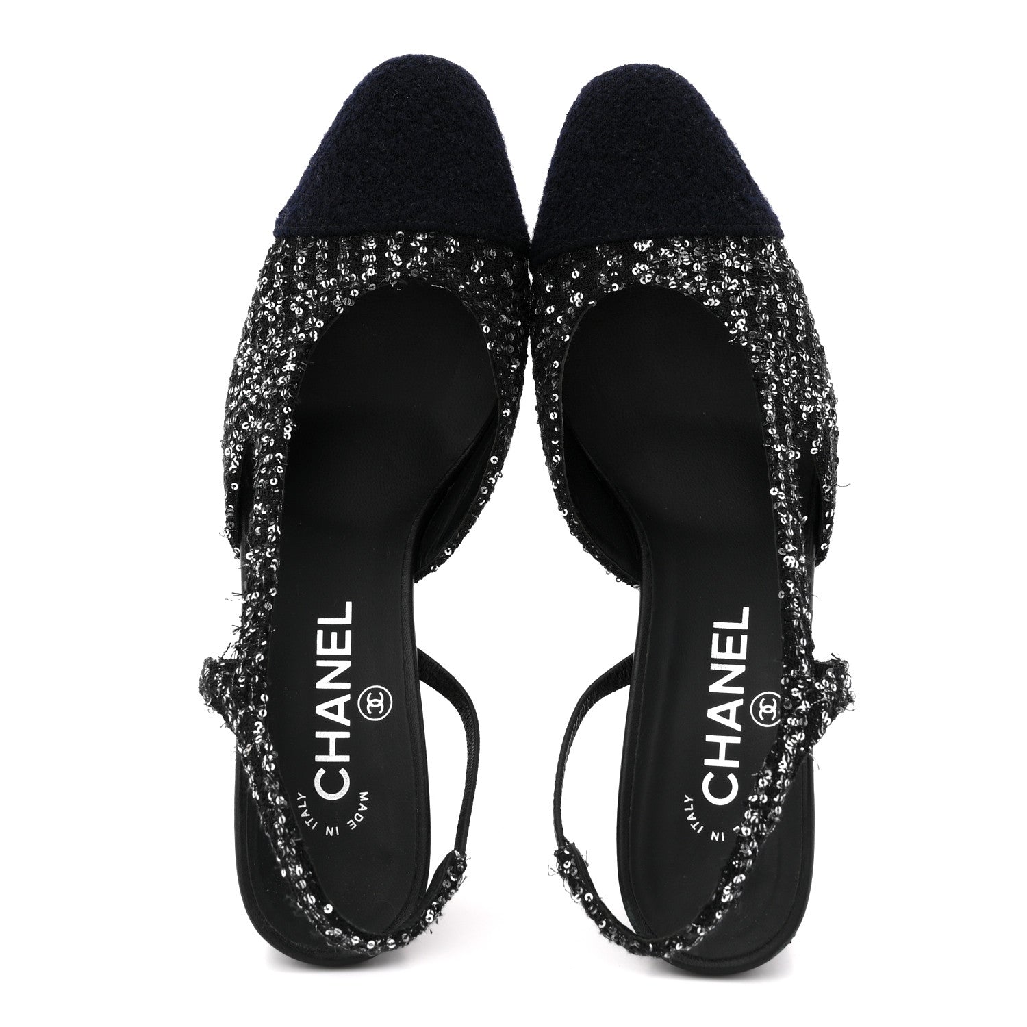 TWEED SEQUIN CAP TOE CC SLINGBACK PUMPS BLACK WHITE SILVER