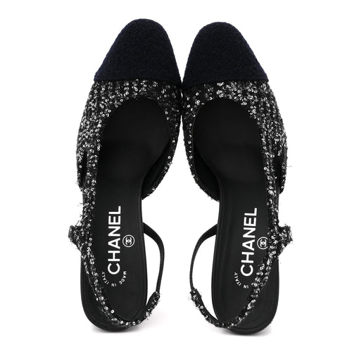 TWEED SEQUIN CAP TOE CC SLINGBACK PUMPS BLACK WHITE SILVER