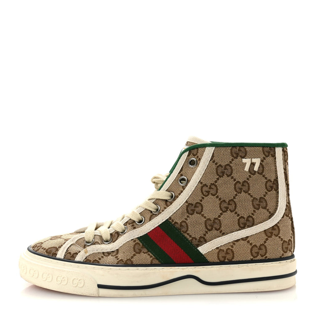 GG MONOGRAM WEB WOMENS 1977 TENNIS HIGH TOP SNEAKERS BEIGE EBONY MYSTIC WHITE
