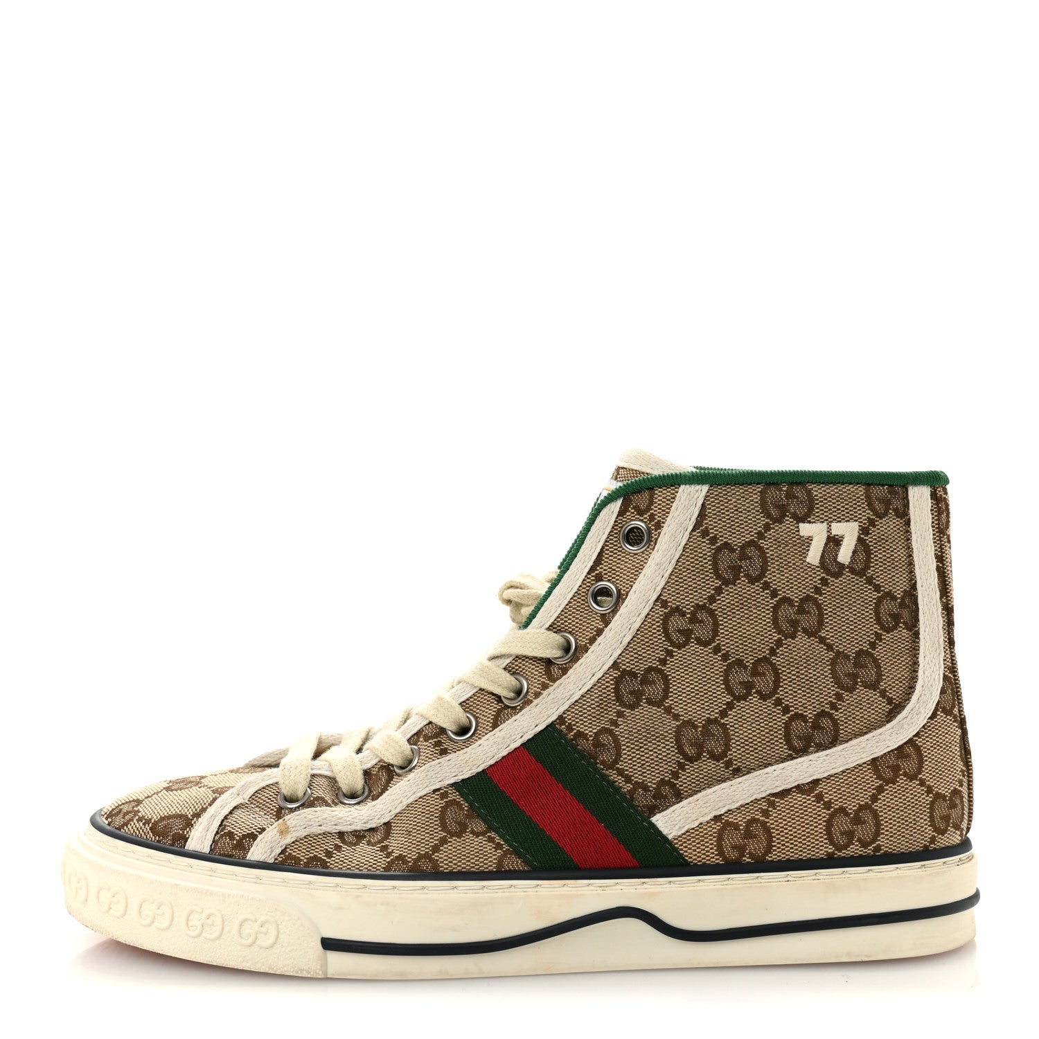 GG MONOGRAM WEB WOMENS 1977 TENNIS HIGH TOP SNEAKERS BEIGE EBONY MYSTIC WHITE